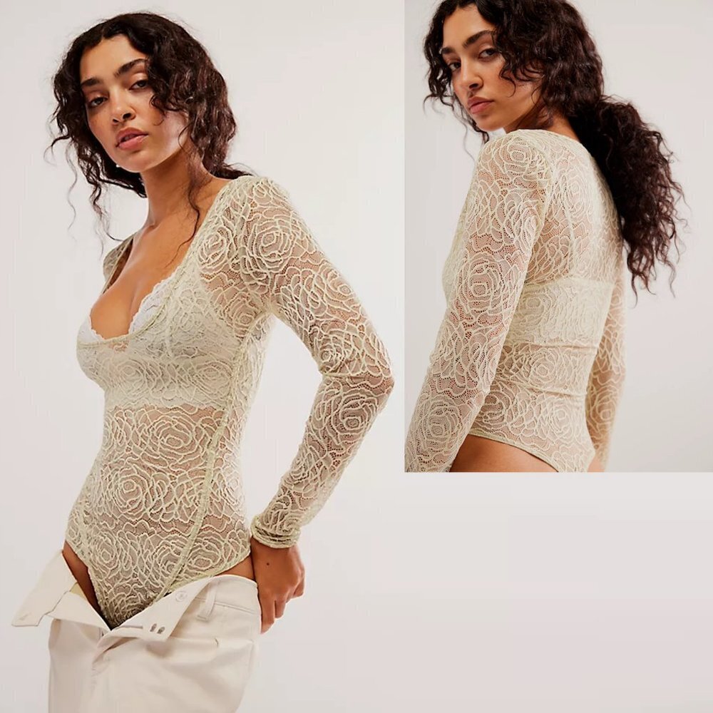 New Free People In My Head Light Green Lace Long Sleeve Bodysuit Size S